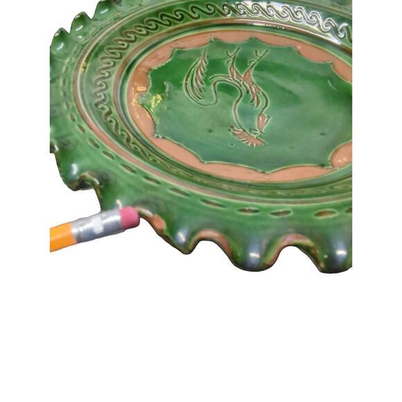 Vintage Mid Century Incised Carved Handmade Tito Ubeda Pottery Dish Green 9" - Picture 10 of 10